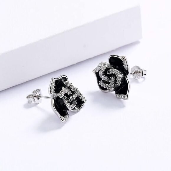 Sterling Silver Black Flower Enamel Drip Rhinestone Earrings Womens New - Picture 5 of 6
